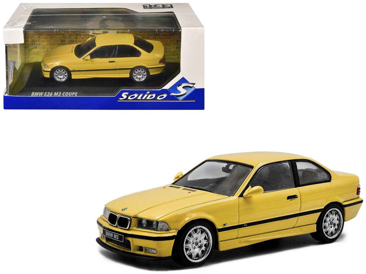 Dakar Yellow 1999 BMW E36 M3 Coupe diecast model car by Solido, detailed miniature BMW model in 1/43 scale.