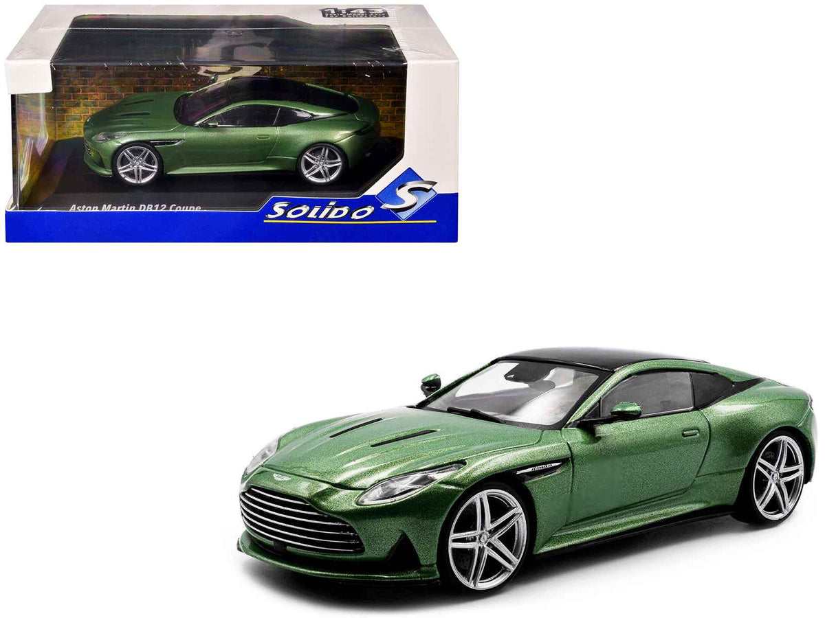 2023 Aston Martin DB12 Coupe iridescent emerald metallic 1/43 diecast model car by Solido, with black top and detailed features