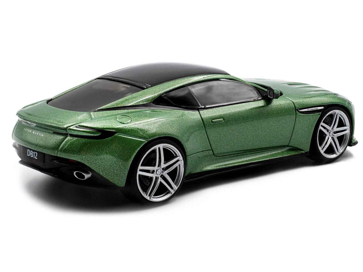 2023 Aston Martin DB12 Coupe iridescent emerald metallic 1/43 scale diecast model car by Solido with black top.