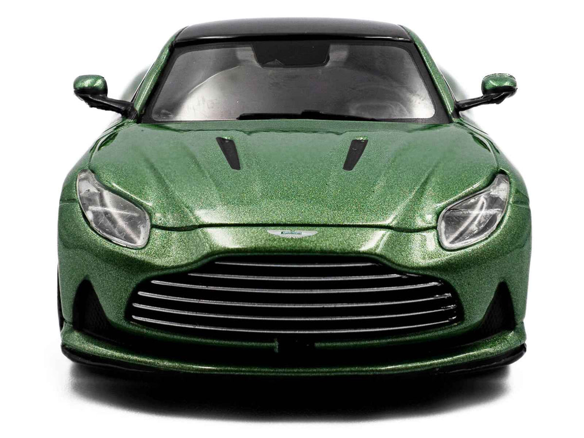 2023 Aston Martin DB12 Coupe iridescent emerald metallic 1/43 diecast model car by Solido with black top, detailed miniature vehicle.