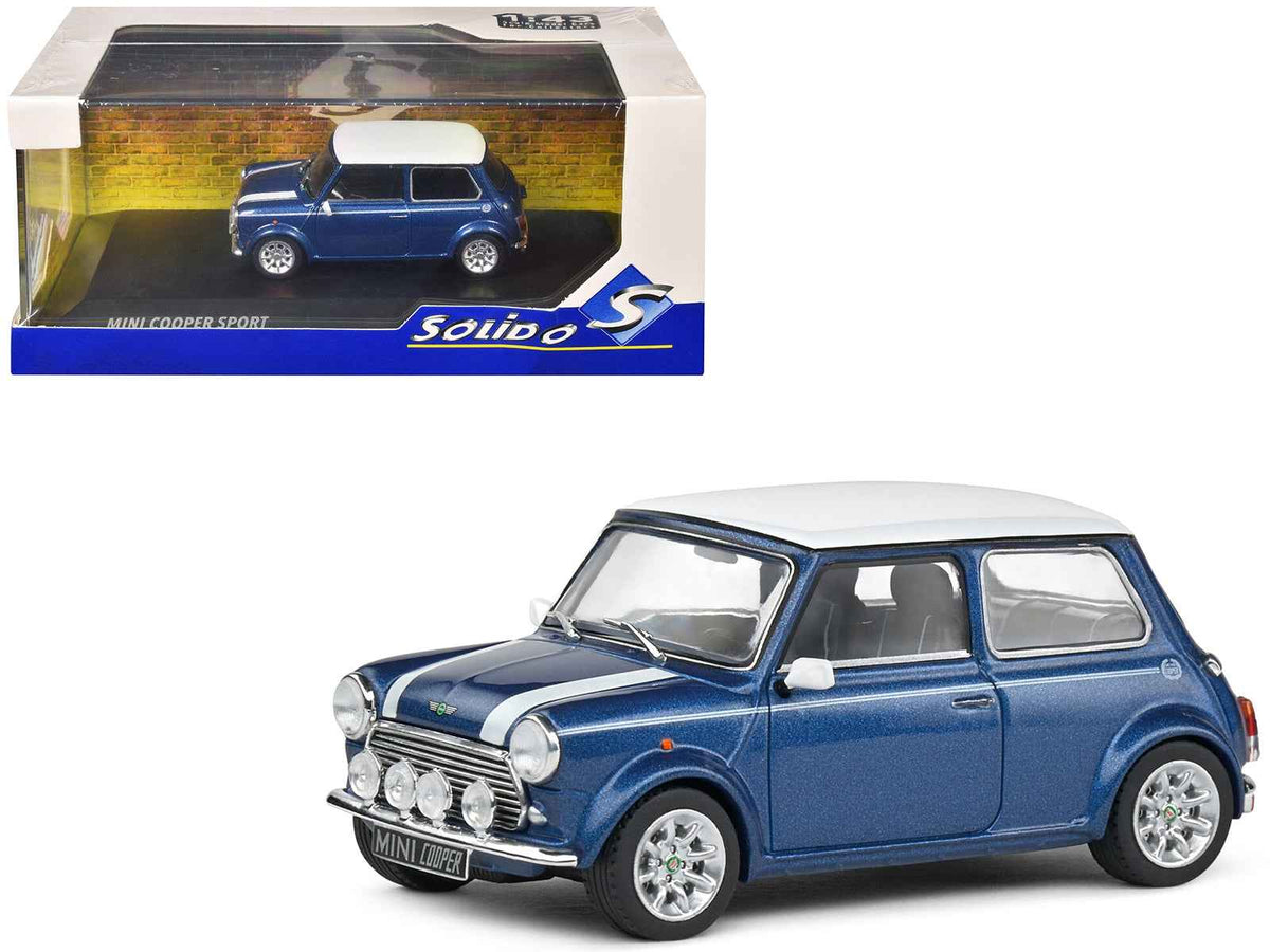 Mini Cooper Sport 1994 diecast model car in Tahiti Blue Metallic with white top and stripes by Solido, 1/43 scale.