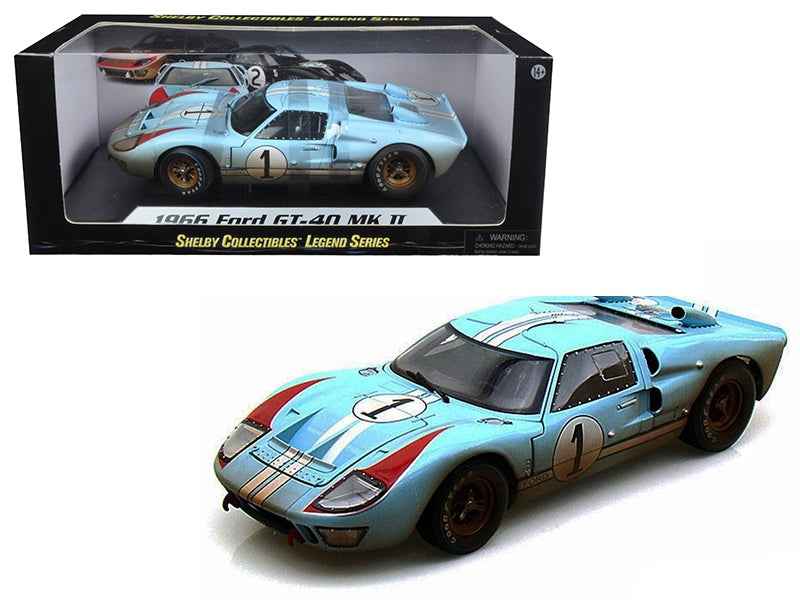 Light blue 1/18 scale Ford GT-40 MK II #1 diecast model car by Shelby Collectibles, detailed Le Mans racing replica with dirt effects.