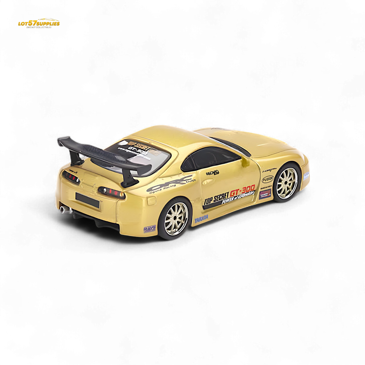 Gold Mini-GT Toyota Supra A80 Top Secret diecast model in 1:64 scale, detailed view showcasing its sleek design and vibrant color.