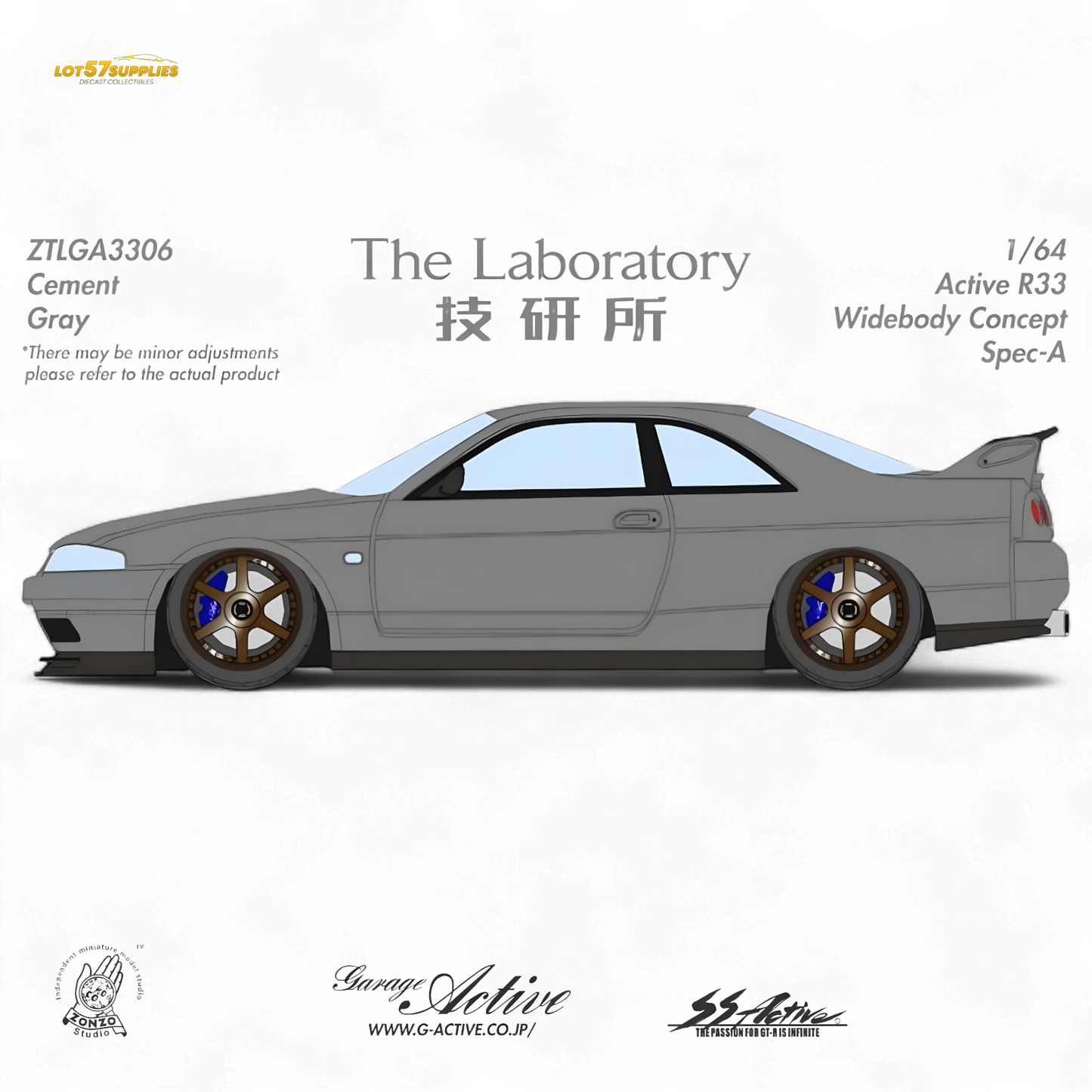 Diecast Nissan R33 ZTLGA3306 widebody model by Lot57Supplies Diecast Shop, 1:64 scale, detailed miniature car.