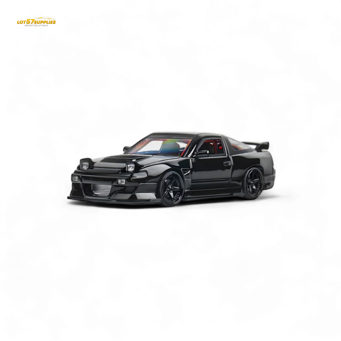 Metallic black MicroTurbo 180SX Type X diecast model by MIYABI, detailed Nissan 1:64 scale car in black finish.