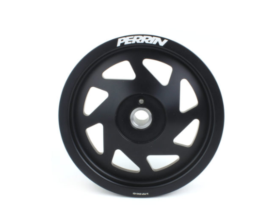 JDMuscle Perrin crank pulley for 2002-2025 WRX and 2004-2021 STI engines, shown as a metallic automotive pulley.
