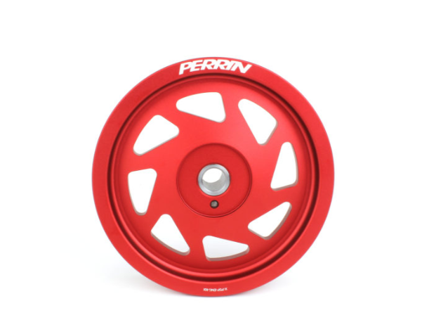JDMuscle Perrin crank pulley for 2025-2021 Subaru WRX and STI models, engine component with metal and rubber parts.