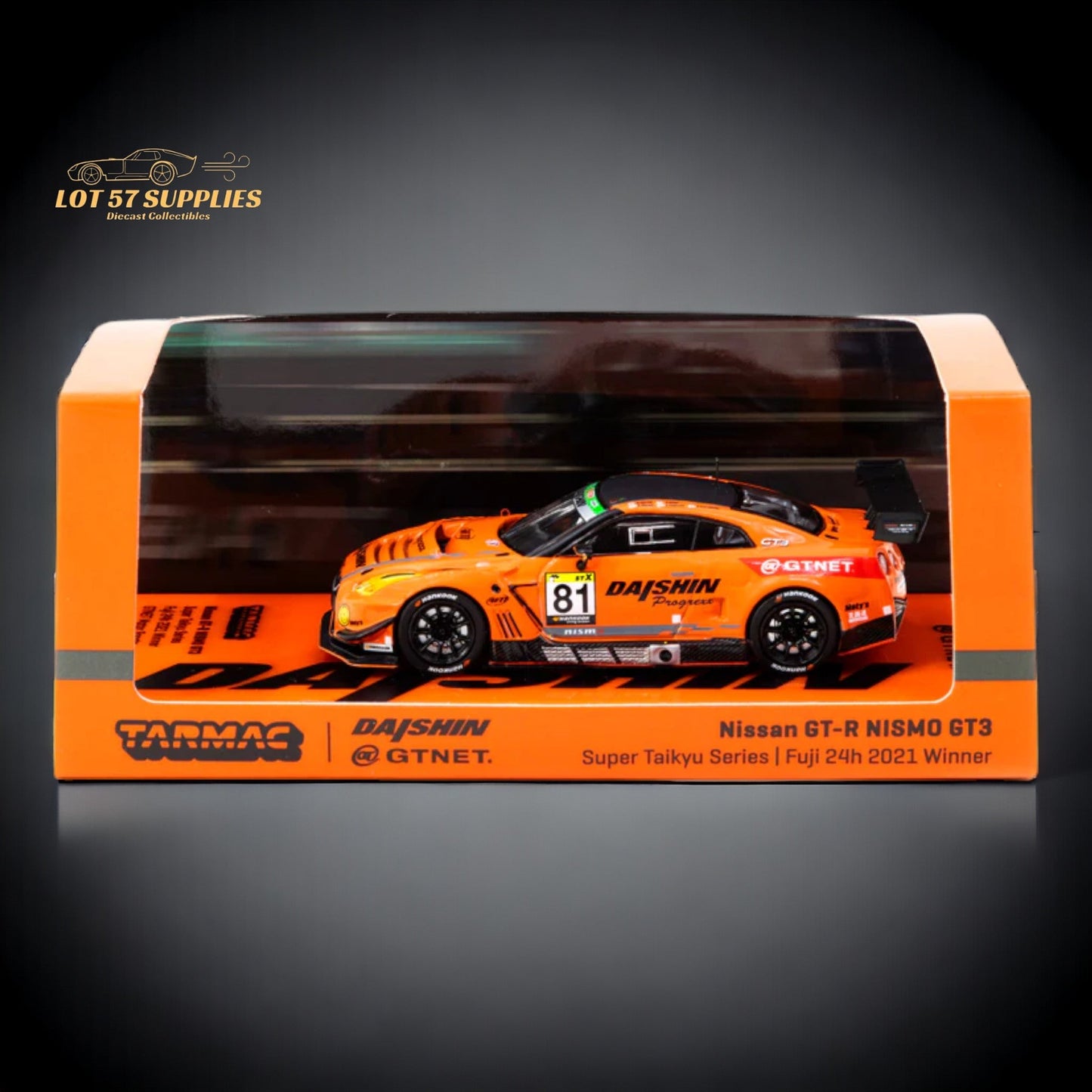 Diecast Nissan GT-R R35 NISMO GT3 model in 1:64 scale by Tarmac Works, detailed silver finish with racing decals.