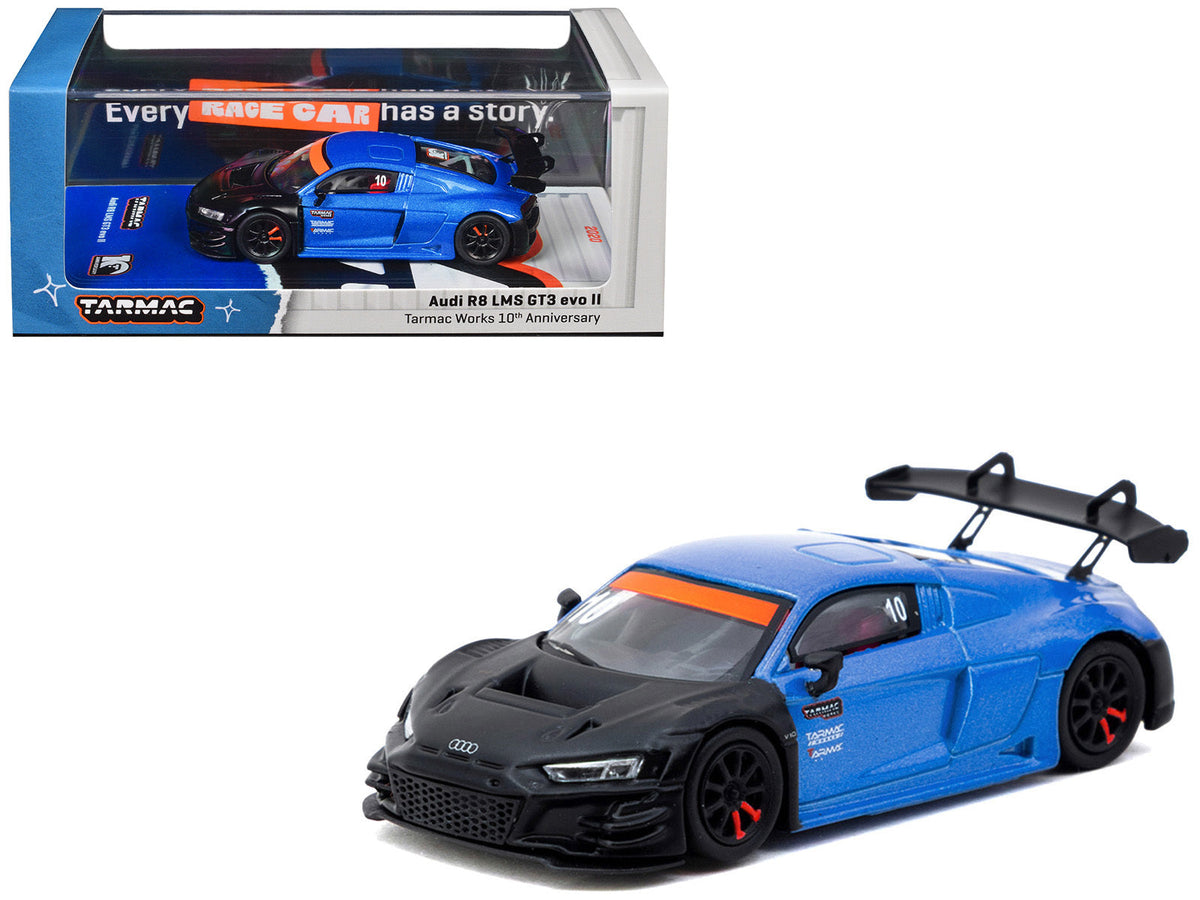 Miniature Motors Audi R8 LMS GT3 evo II #10 diecast model car in blue metallic and matte black from Tarmac Works Hobby64 series.