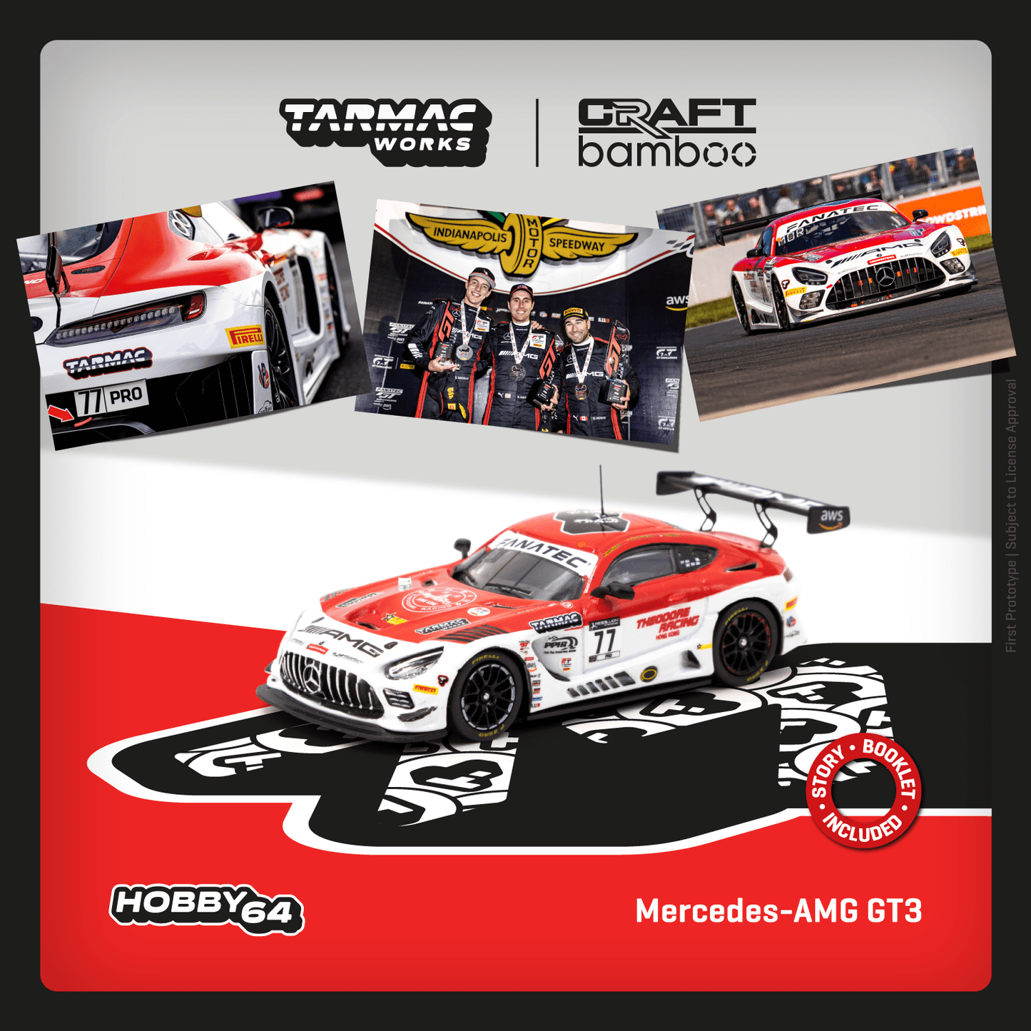 Mercedes-Benz AMG GT3 diecast model from Tarmac Works, celebrating the 2022 Indianapolis 8h race winner, 1:64 scale.