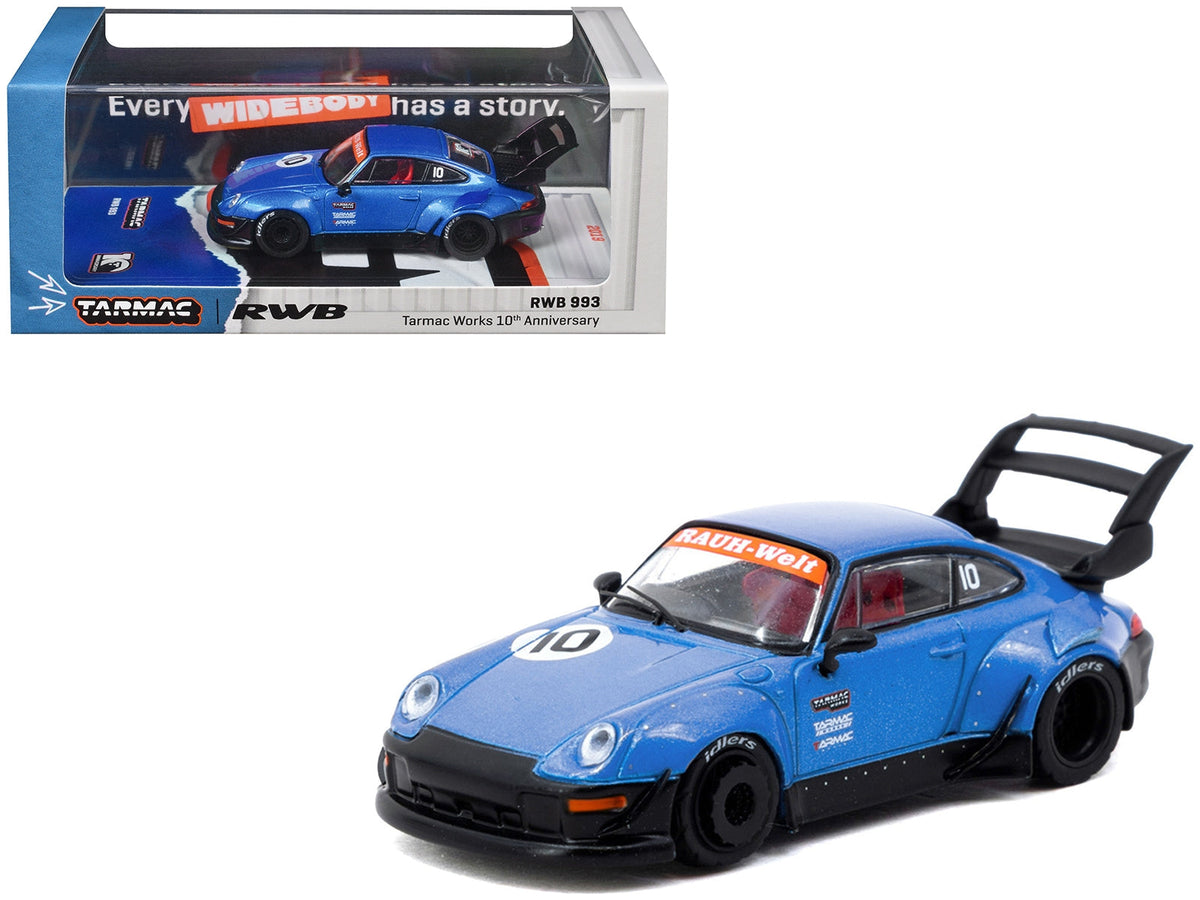 Blue metallic RWB 993 RHD diecast model car by Tarmac Works, part of Miniature Motors 10th Anniversary Hobby64 series, 1/64 scale.