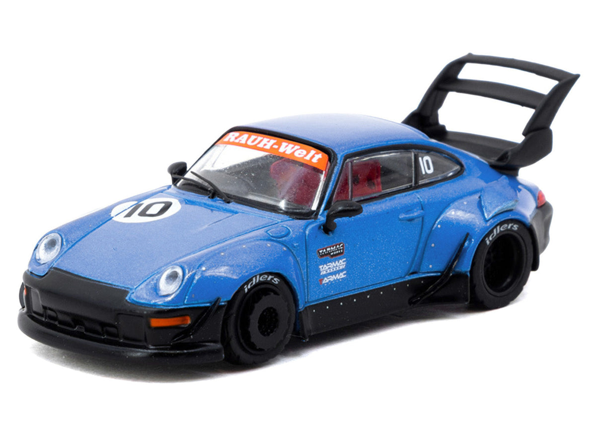 Blue metallic RWB 993 RHD diecast model car by Tarmac Works from the 10th Anniversary Hobby64 series, detailed miniature collectible.