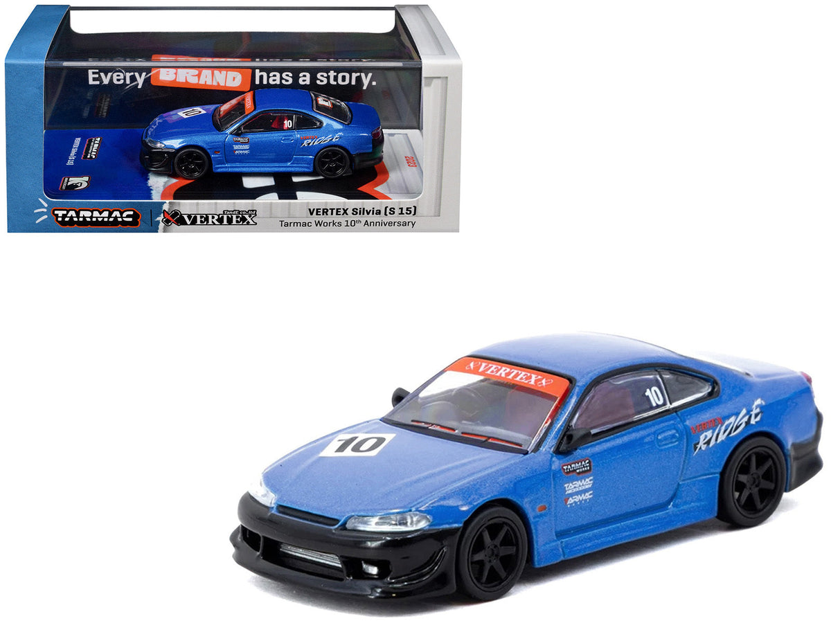 Nissan Vertex Silvia S15 RHD diecast model car in blue metallic by Tarmac Works, 1/64 scale, part of Tarmac Works 10th Anniversary series.