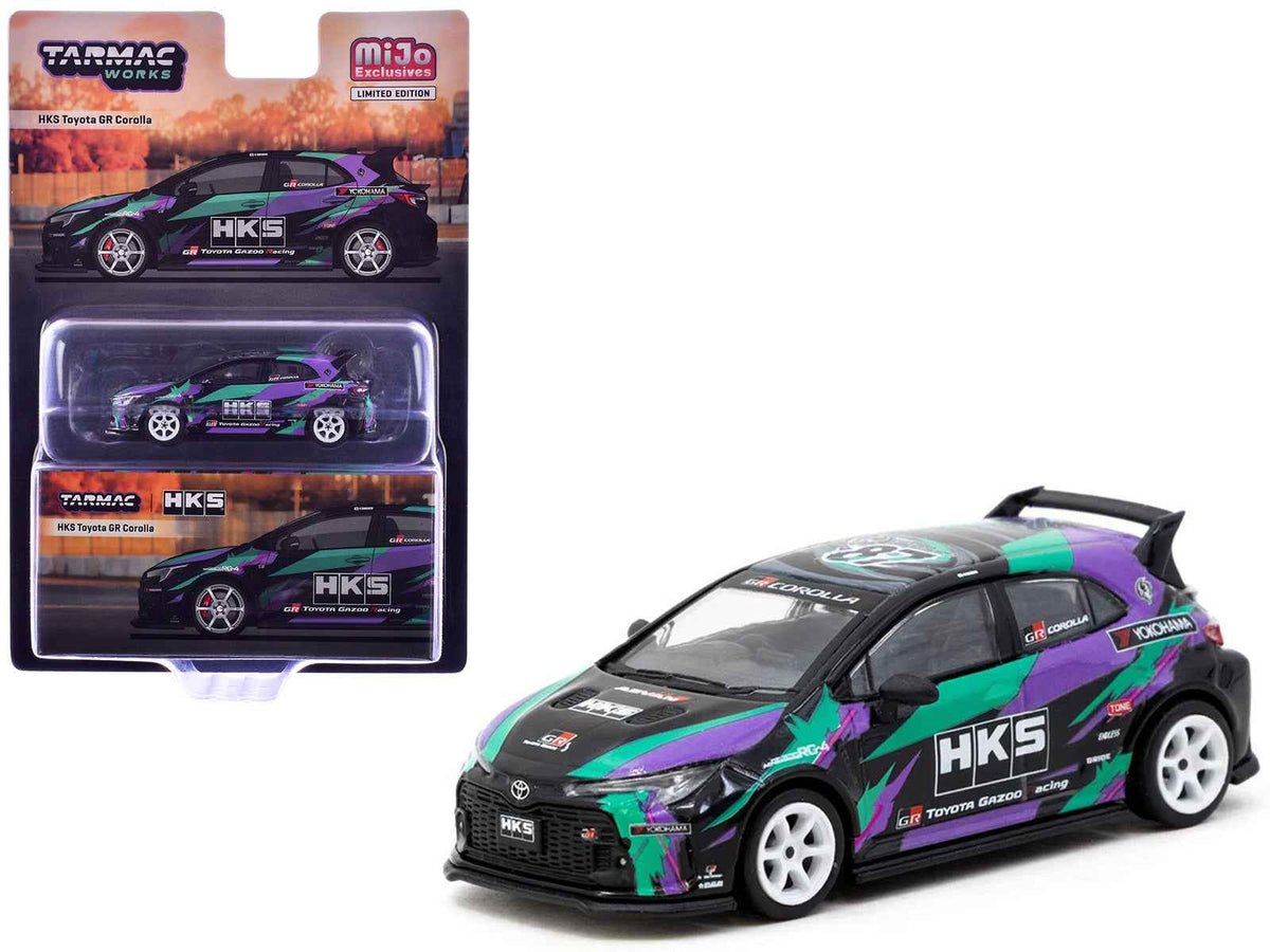Black Toyota GR Corolla RHD diecast model by Tarmac Works, featuring HKS graphics, 1/64 scale, part of the Global64 series.