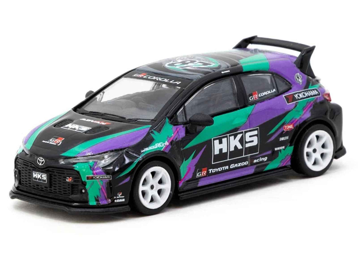 Black Toyota GR Corolla RHD diecast model by Tarmac Works with HKS graphics, part of the Global64 series, detailed miniature car.