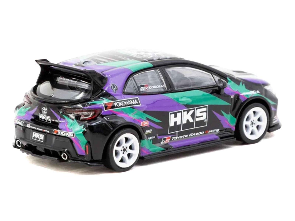 Black Toyota GR Corolla RHD diecast model by Tarmac Works with HKS graphics, part of the Global64 Series, 1/64 scale.