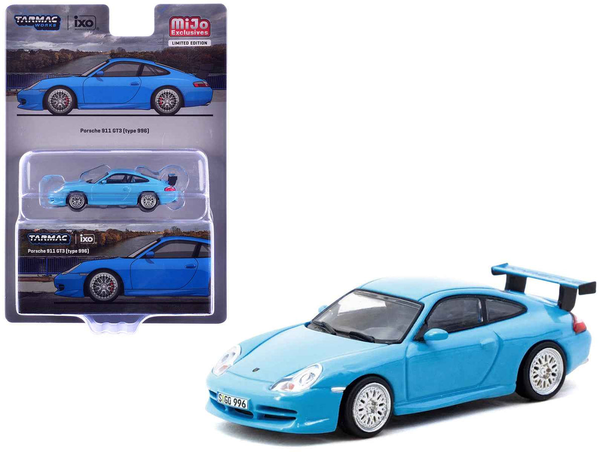 Light blue Porsche 911 GT3 (996) diecast model by Tarmac Works in 1/64 scale, detailed miniature Porsche model from Miniature Motors series.