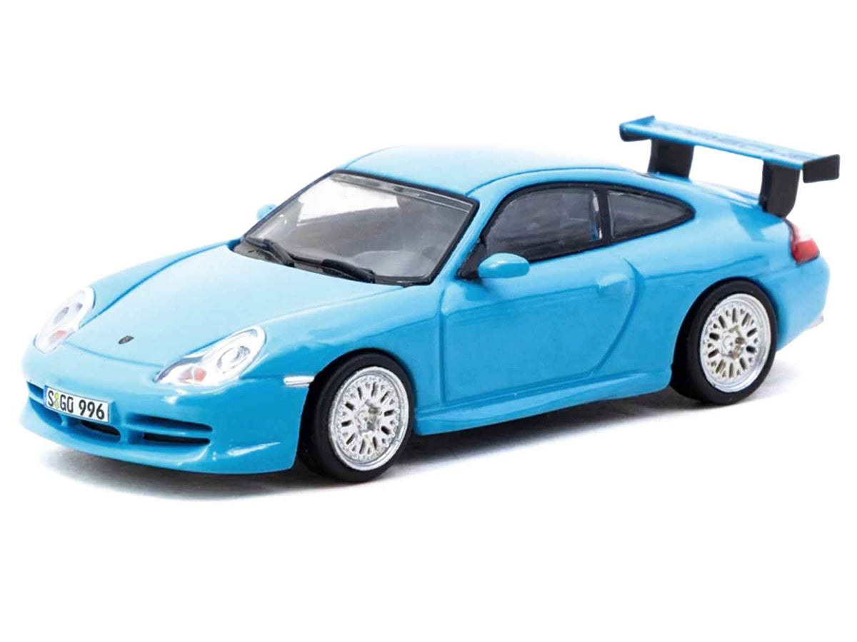 Light blue Porsche 911 GT3 (996) diecast model by Tarmac Works, Miniature Motors Global64 series, detailed 1/64 scale vehicle.