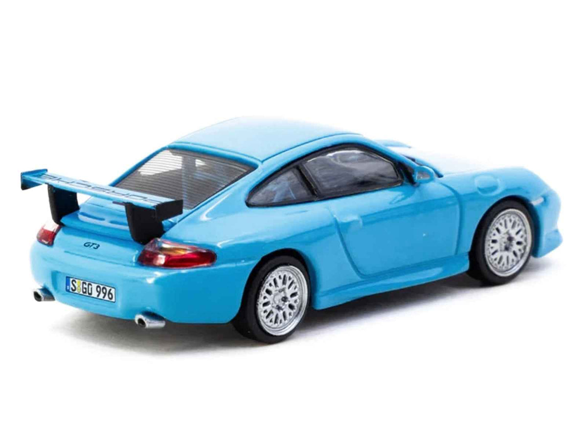 Light blue Porsche 911 GT3 (996) diecast model by Tarmac Works, part of the Miniature Motors 1/64 Porsche Models series.