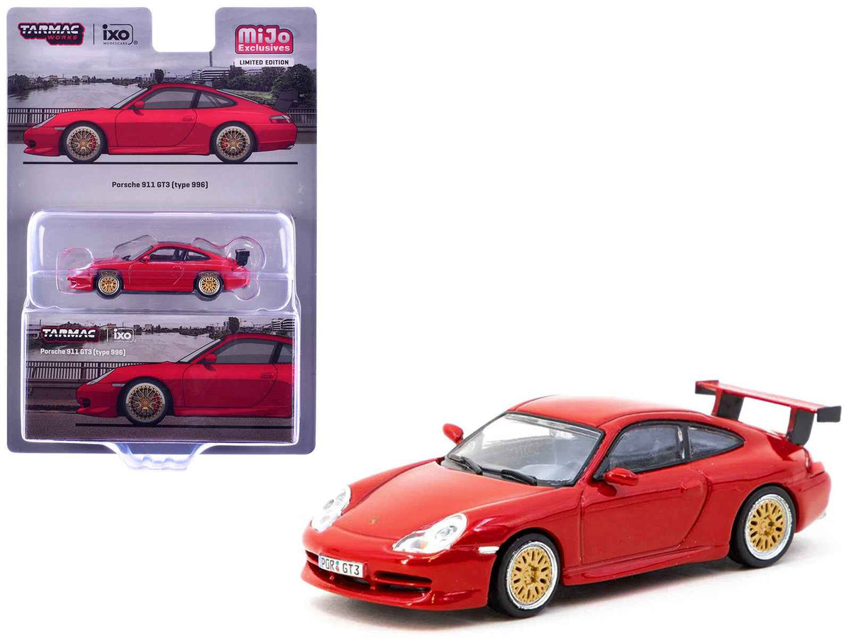 Red Porsche 911 GT3 (996) diecast model by Tarmac Works from the Global64 Series, detailed miniature car on a plain background.