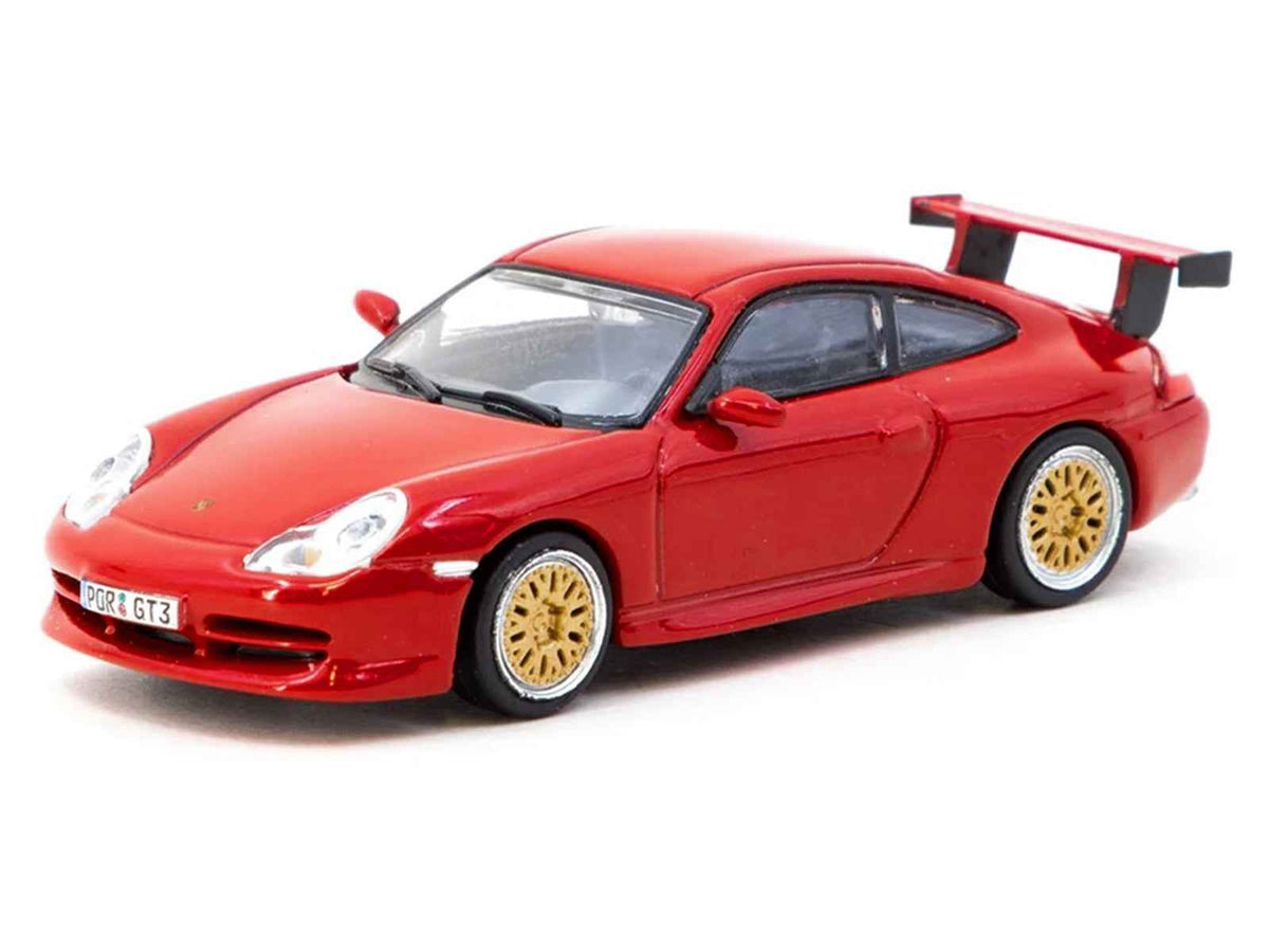 Red Porsche 911 GT3 (996) Miniature Motors diecast model from Tarmac Works Global64 series, detailed 1/64 scale Porsche model