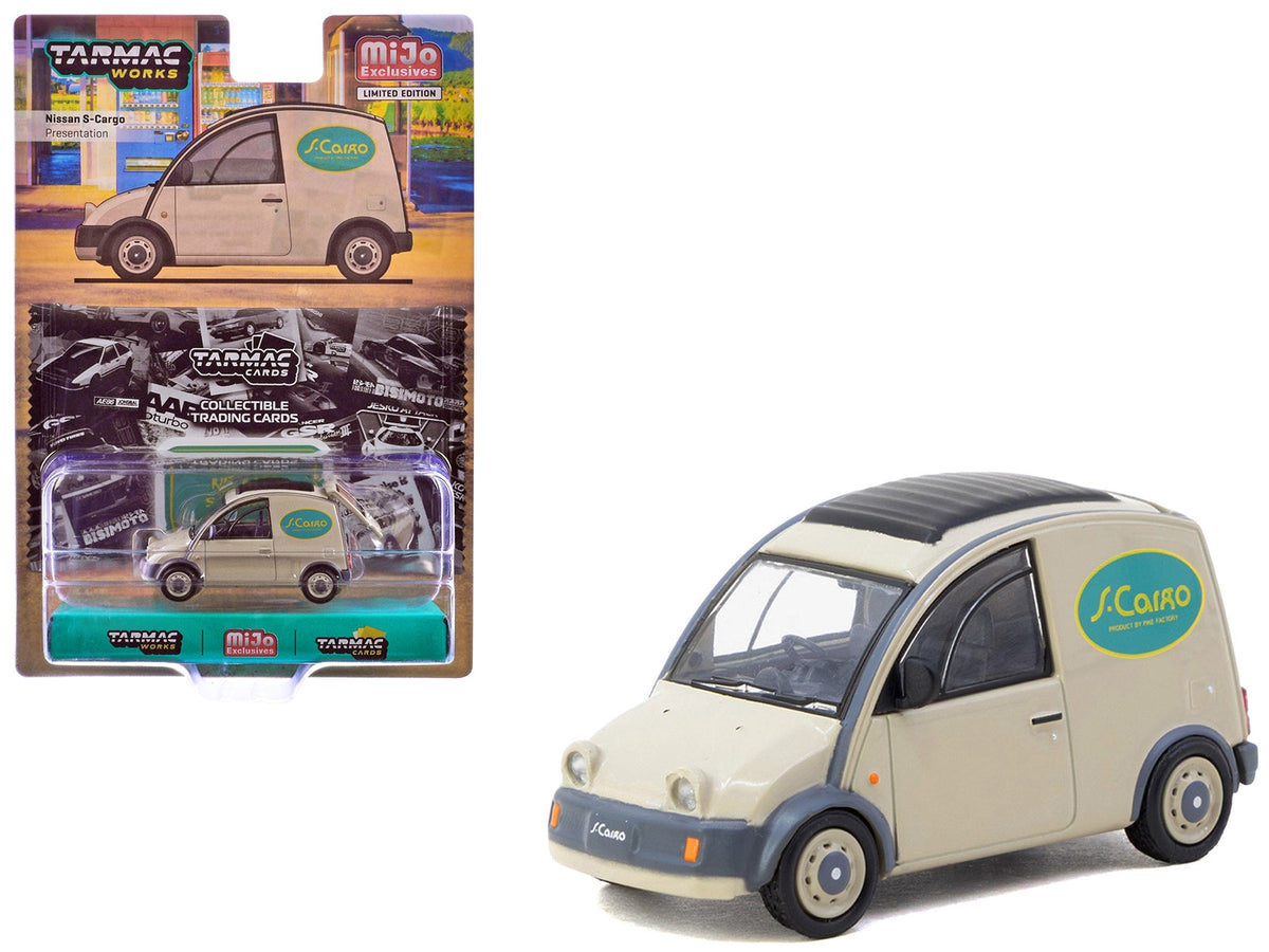 Nissan S-Cargo van diecast model in beige with Tarmac cards, right-hand drive, part of Miniature Motors' Tarmac Works series.