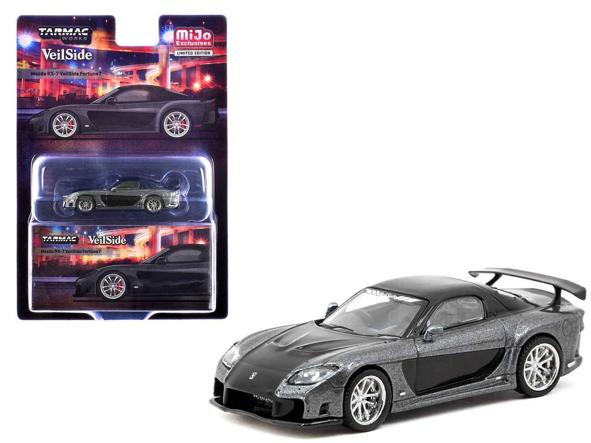 Gray metallic Mazda RX-7 "VeilSide Fortune7" RHD diecast model car by Tarmac Works, part of the Global64 series, detailed miniature vehicle