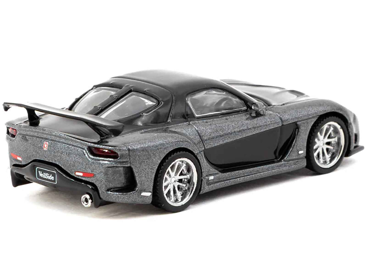 Gray metallic and black Mazda RX-7 VeilSide Fortune7 diecast model car by Tarmac Works, right-hand drive, 1/64 scale, part of Global64 series.