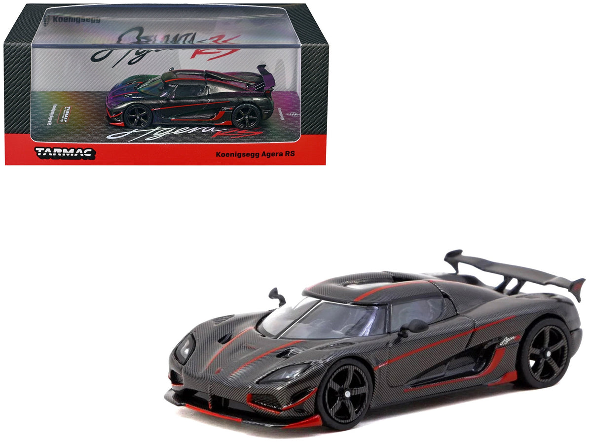 Miniature Motors Koenigsegg Agera RS diecast model in black carbon with red accents, detailed 1/64 scale by Tarmac Works.