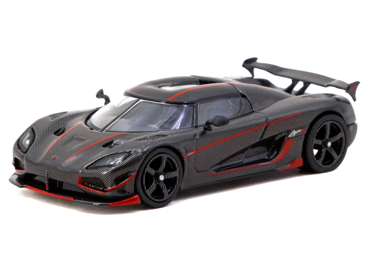 Miniature Motors Koenigsegg Agera RS black carbon diecast model car with red accents, part of the Global64 series, 1/64 scale.