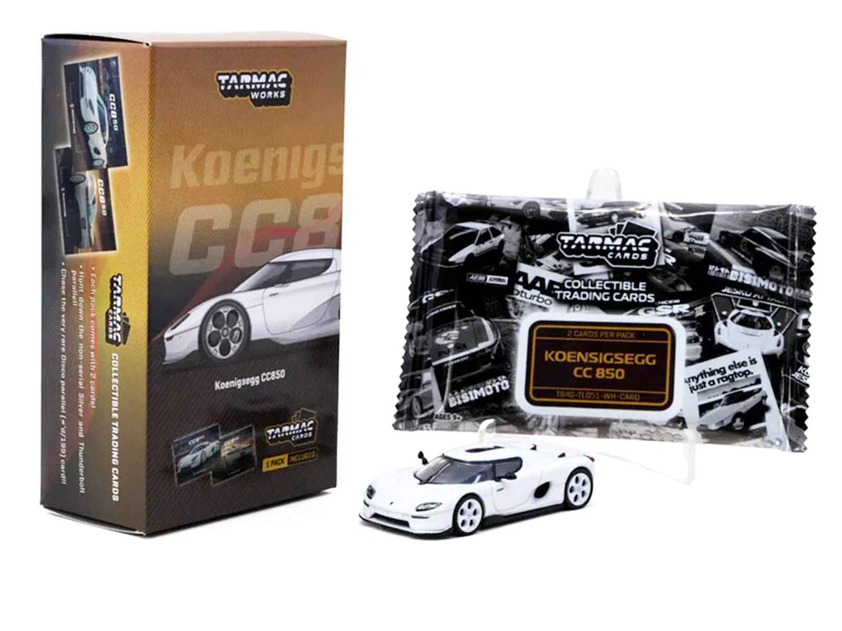 White Koenigsegg CC850 diecast model by Miniature Motors, part of Tarmac Works' Global64 Series, detailed 1/64 scale car.
