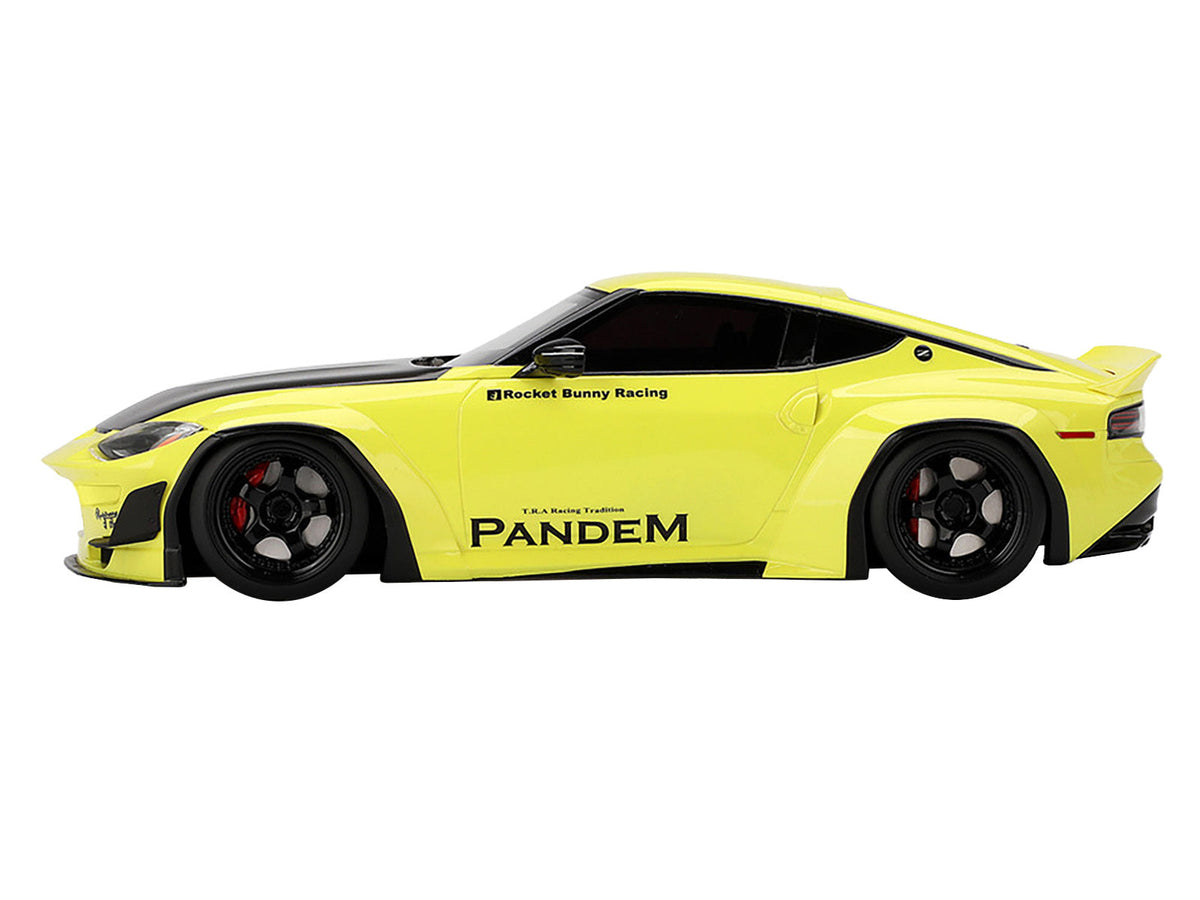Nissan Z (RZ34) Pandem Ikazuchi Yellow model car with matte black hood by Miniature Motors, 1/18 scale, detailed replica.