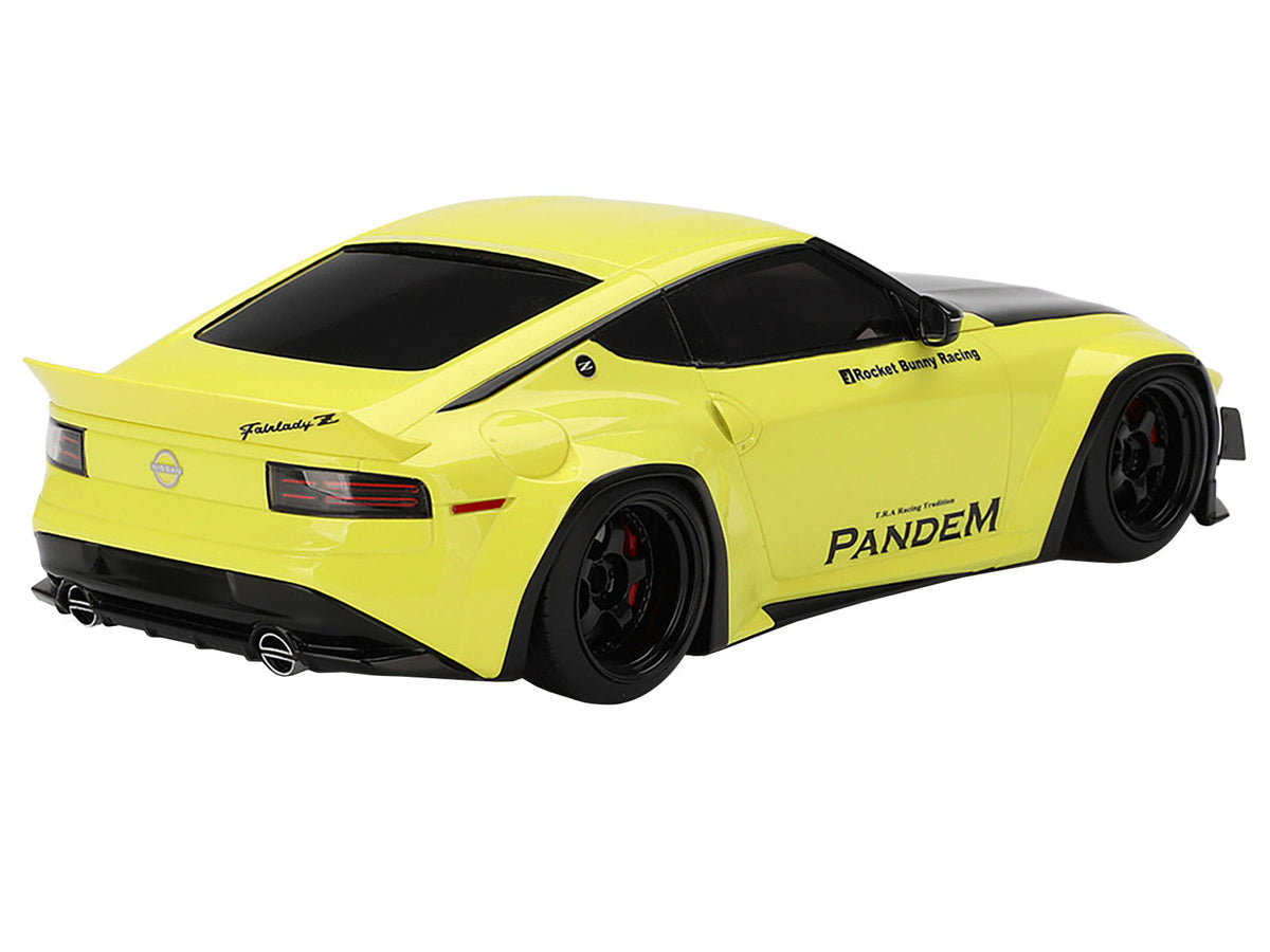Nissan Z RZ34 Pandem model car in Ikazuchi Yellow with matte black hood, detailed miniature Nissan model by Miniature Motors.