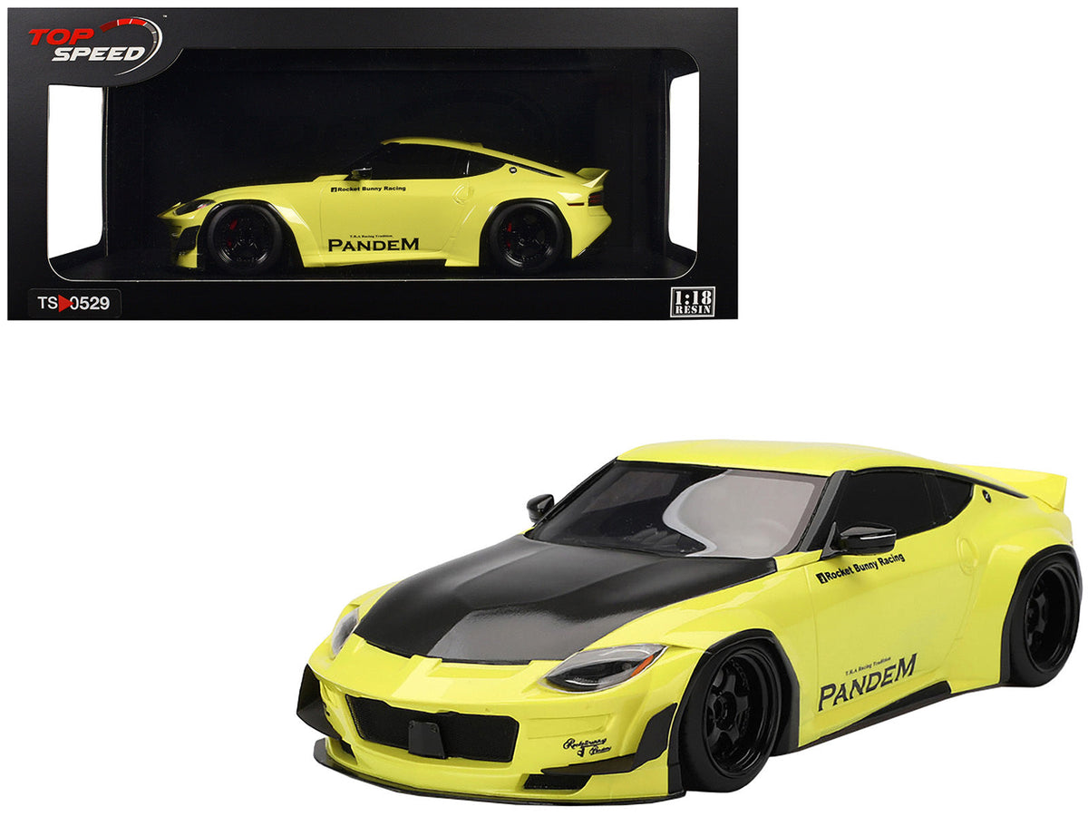 Miniature Motors Nissan Z (RZ34) Ikazuchi Yellow model car with matte black hood, detailed 1/18 scale Nissan model by Top Speed.