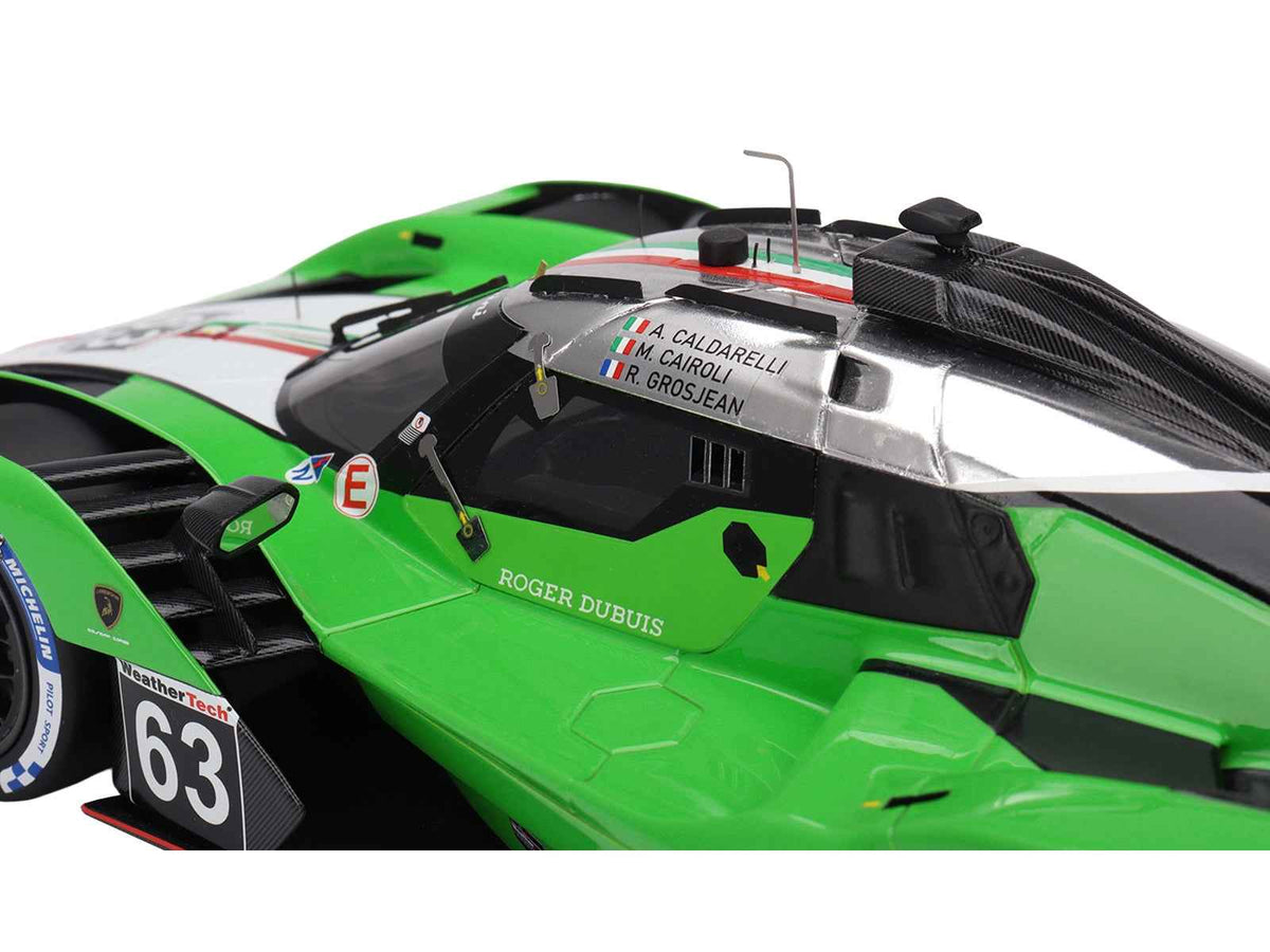 Miniature Lamborghini SC63 model car in racing livery by Miniature Motors, showcasing detailed design and team branding.