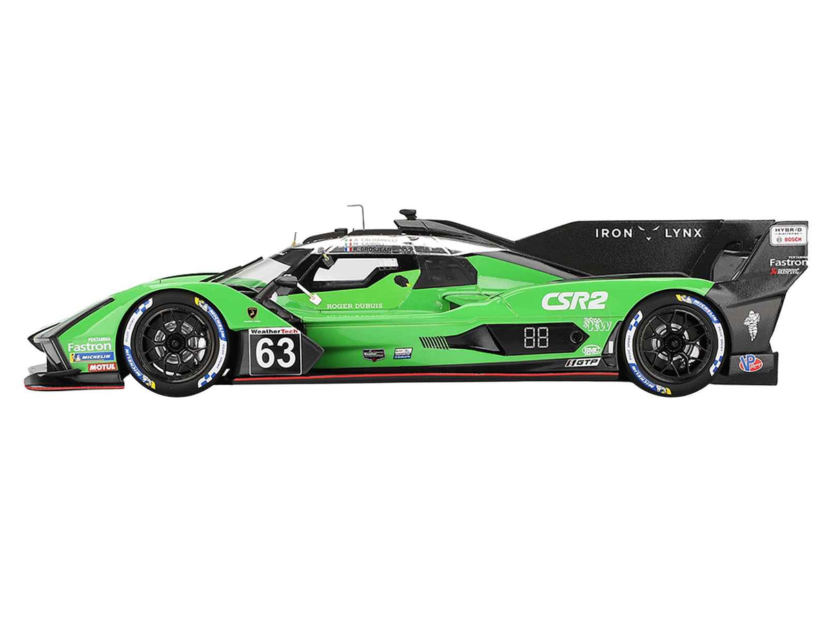 Miniature Lamborghini SC63 model car by Miniature Motors, featuring #63 IMSA "12 Hours of Sebring" racing livery.