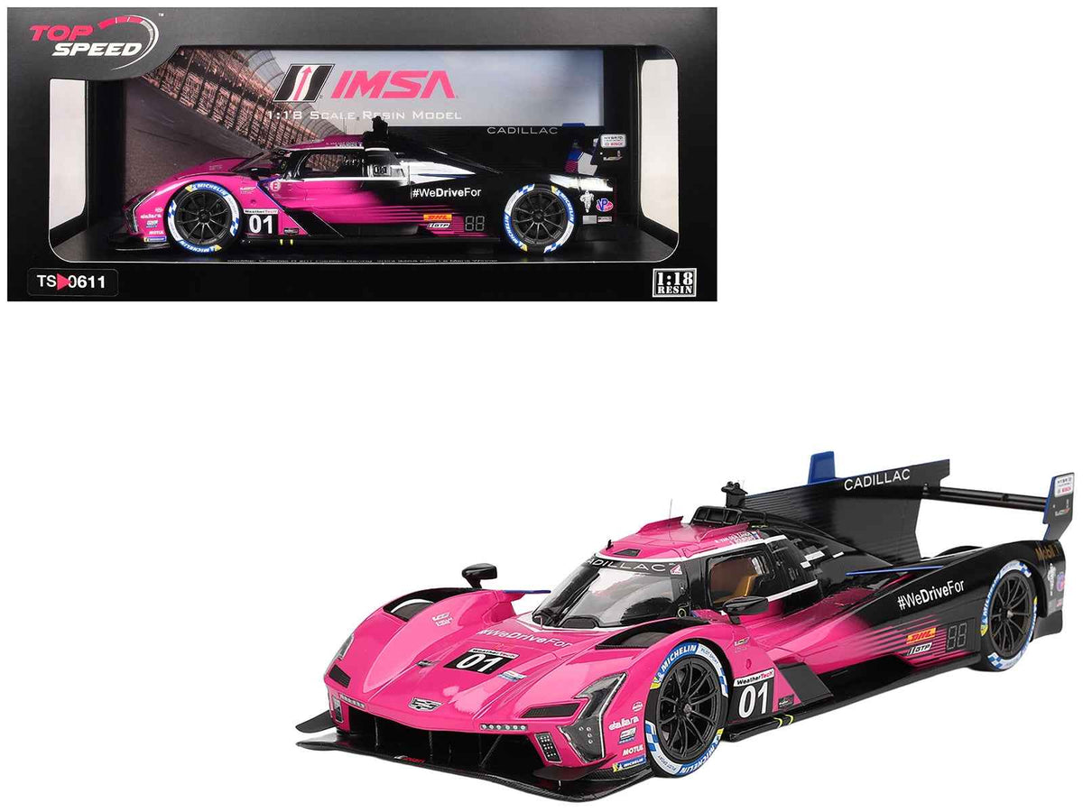 Miniature Motors Cadillac V-Series.R model car featuring #01 Sebastien Bourdais, Scott Dixon, Renger van der Zande for Cadillac Racing.