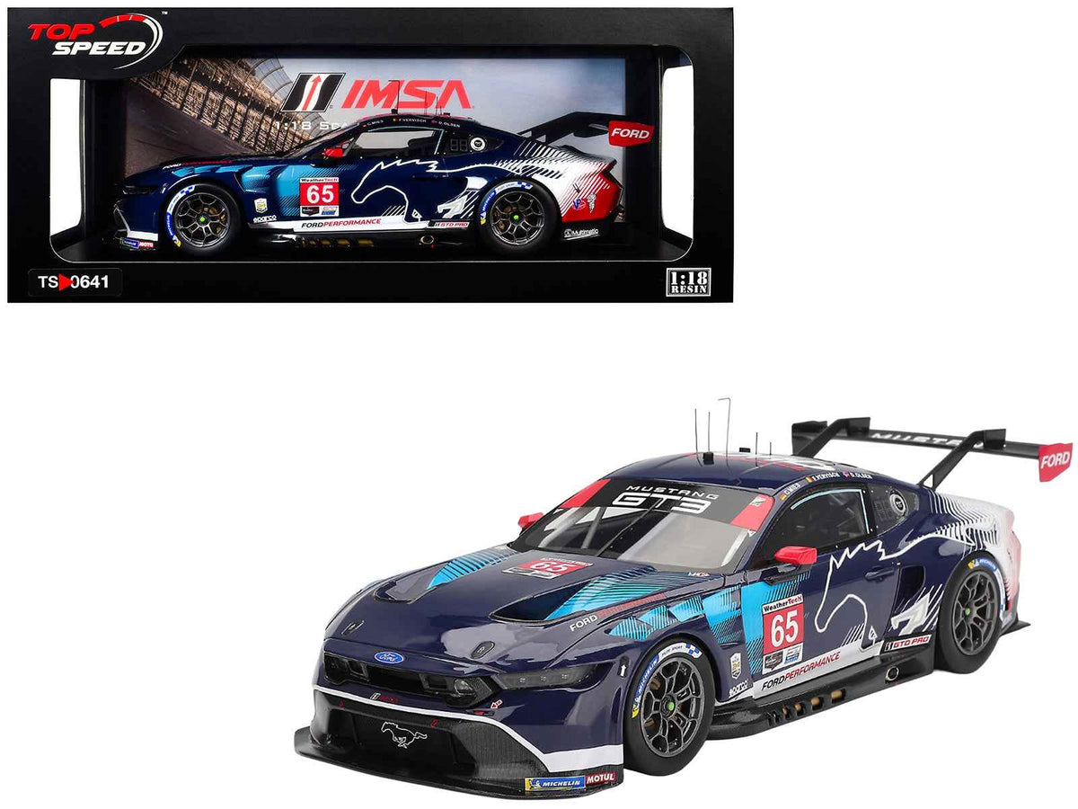Miniature Ford Mustang GT3 model car by Miniature Motors, featuring #65 IMSA Daytona 24 Hours winning design, detailed 1/18 scale.