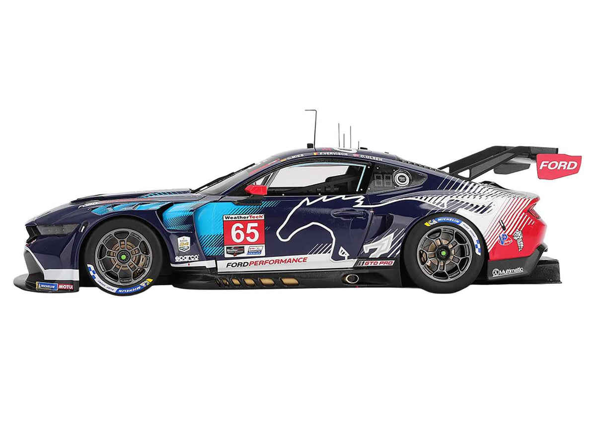 Miniature Ford Mustang GT3 model car by Miniature Motors, featuring #65 IMSA Daytona winners, detailed 1/18 scale collectible.