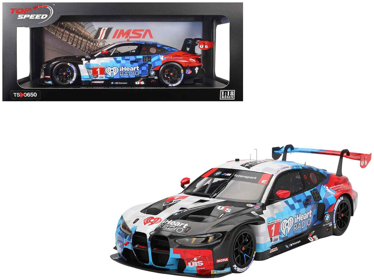 Miniature BMW M4 GT3 EVO #1 model car by Miniature Motors, detailed 1/18 scale replica of Paul Miller Racing IMSA Daytona race car