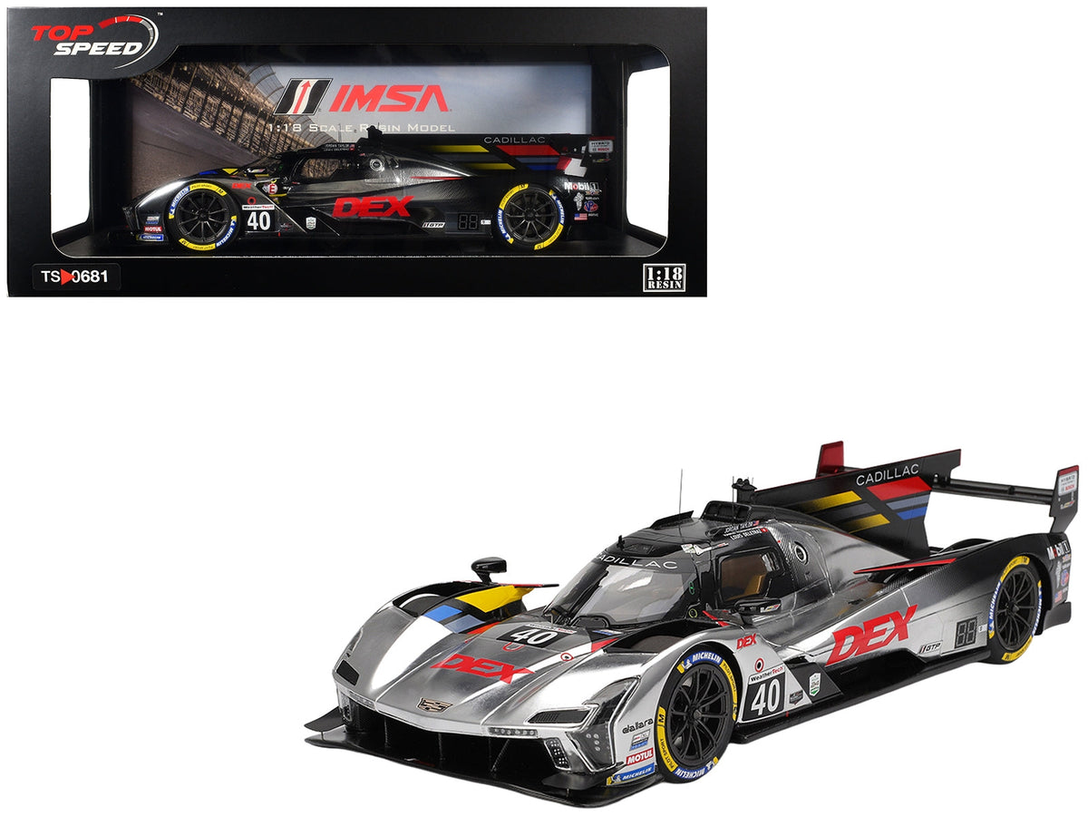 Miniature Motors Cadillac V-Series.R #40 model car featuring Louis Deletraz, Kamui Kobayashi, and Jordan Taylor from Wayne Taylor Racing IMSA.