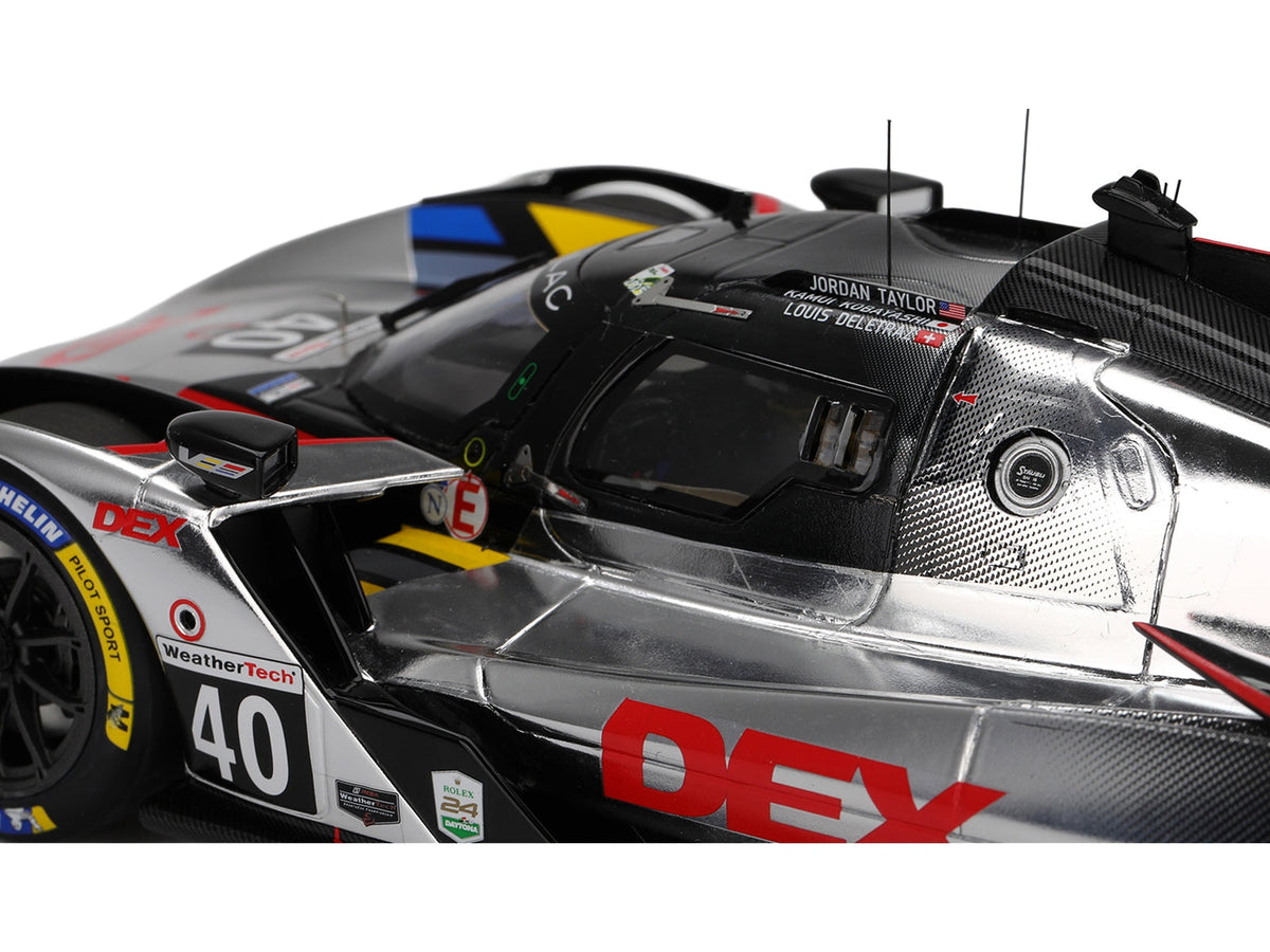 Miniature Motors 1/18 Cadillac V-Series.R model car featuring #40 Louis Deletraz, Kamui Kobayashi, and Jordan Taylor from IMSA Daytona 2025
