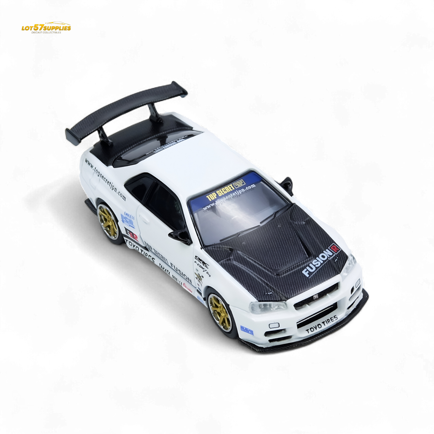 White Inno64 Nissan R34 GT-R diecast model in 1:64 scale, detailed with top secret R34 design elements.
