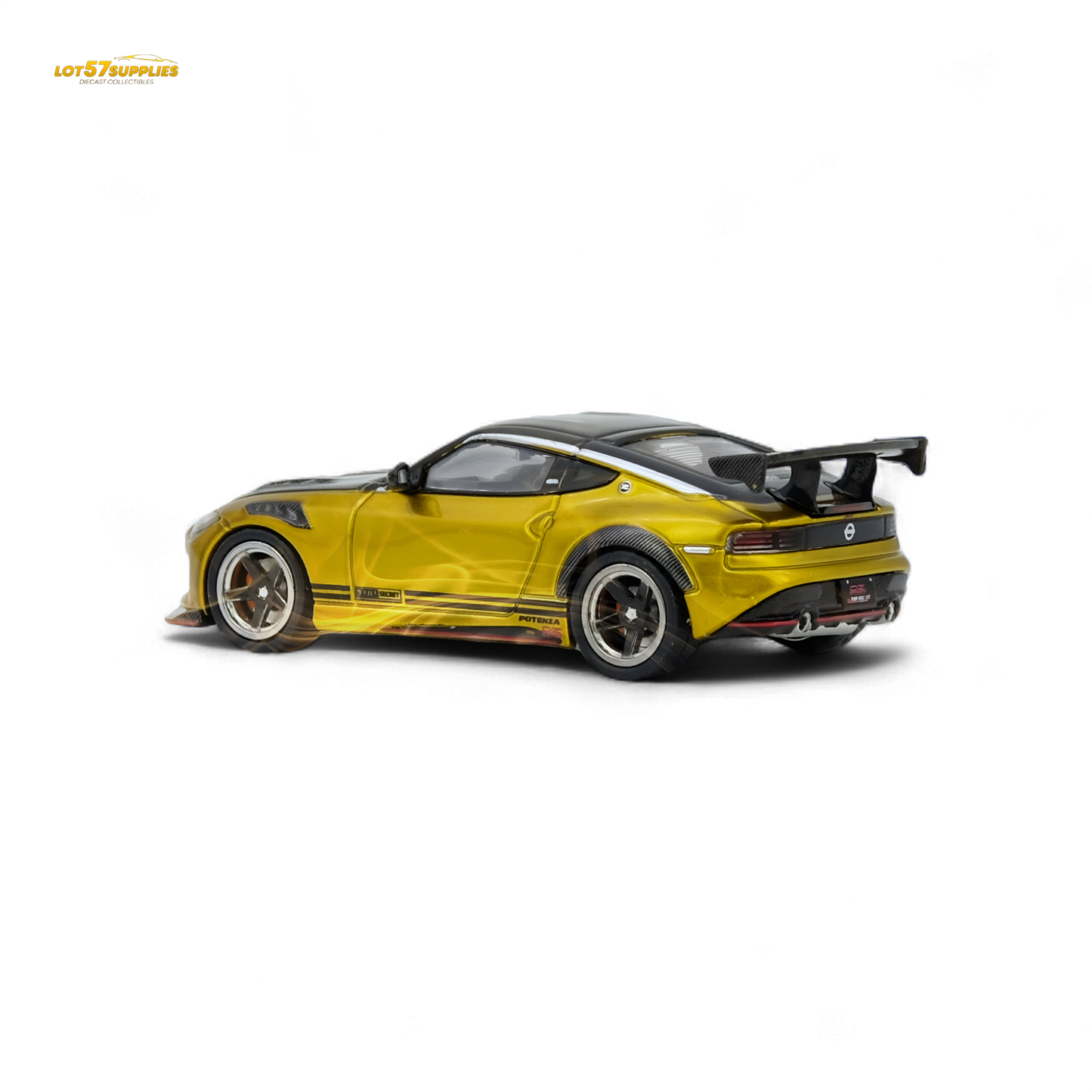 Gold Inno64 Top Secret Fairlady Z RZ34 diecast Nissan model, detailed 1:64 scale car with sleek design and realistic features.