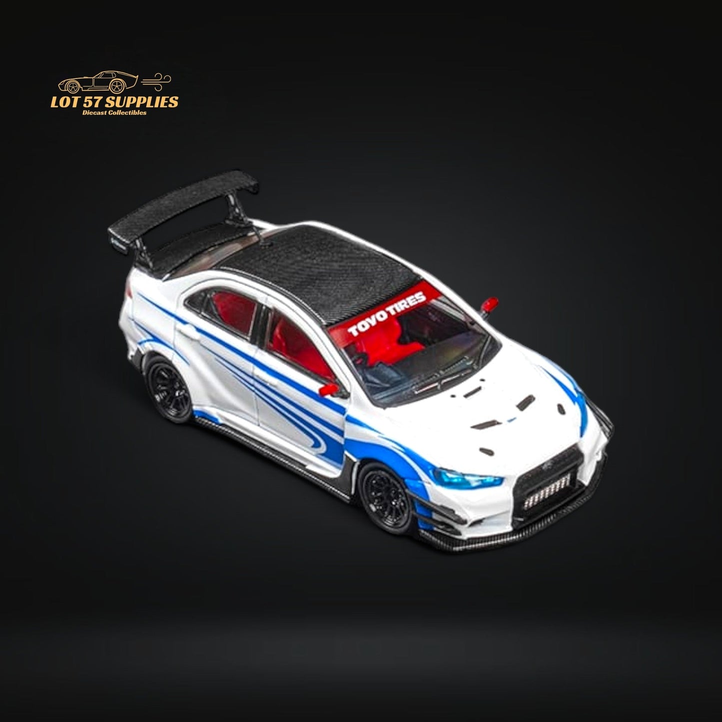 White and blue striped Mitsubishi Lancer Evolution X diecast model by Lot57Supplies, detailed 1:64 scale car with Varis body kit.