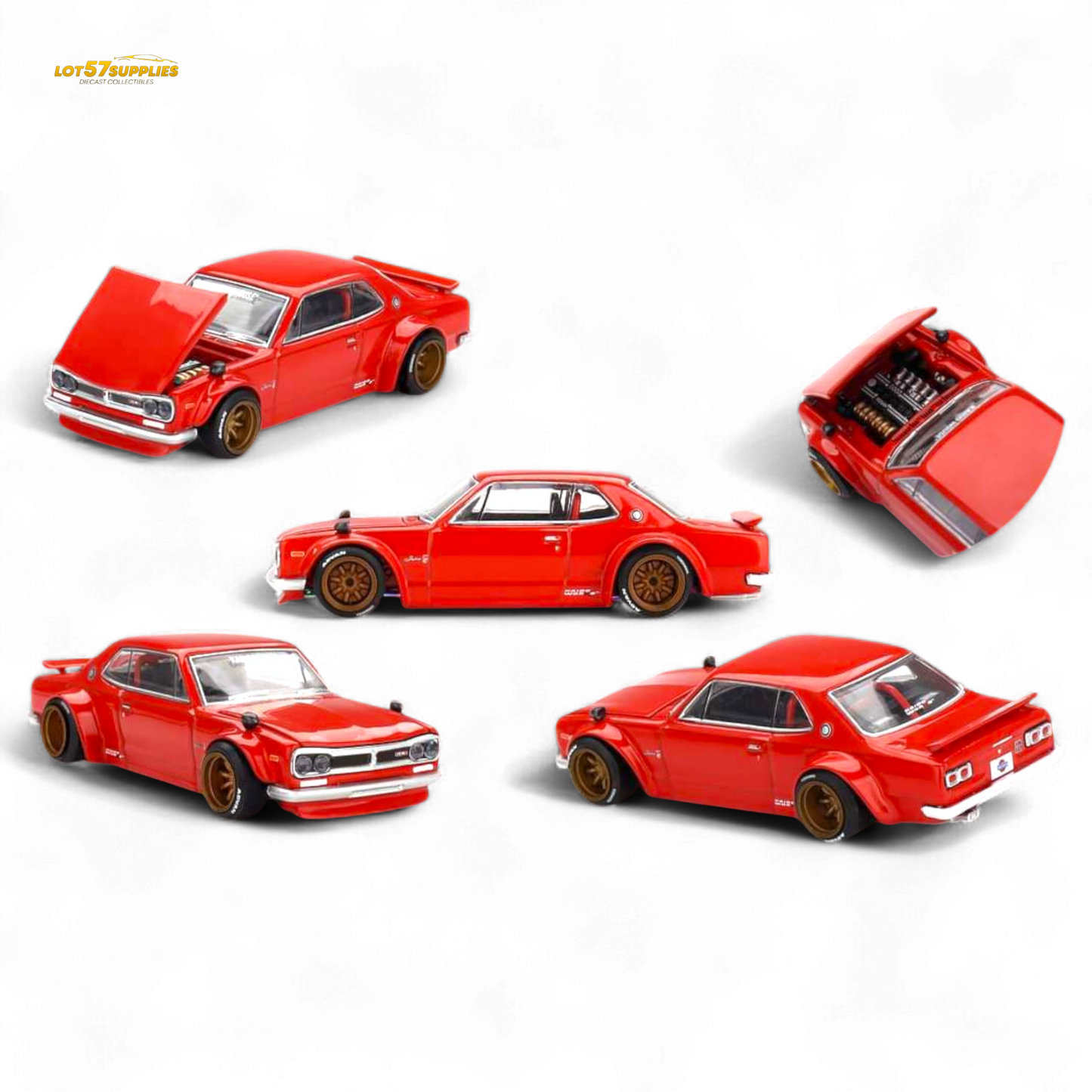 Red Nissan Skyline 2000GT-R (KPGC10) diecast model in 1:64 scale, featuring detailed exterior and authentic design from Lot57Supplies.