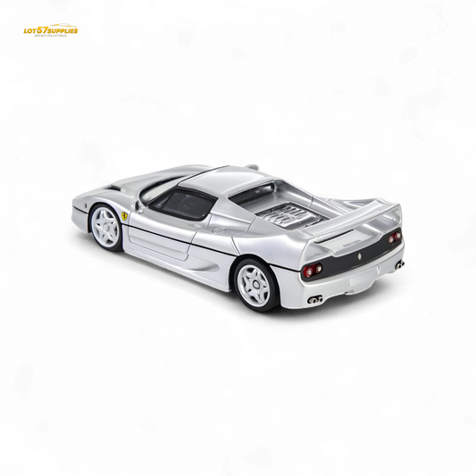 Silver Ferrari F50 diecast toy car in 1:64 scale by Nice Auto, featuring detailed design and realistic features.