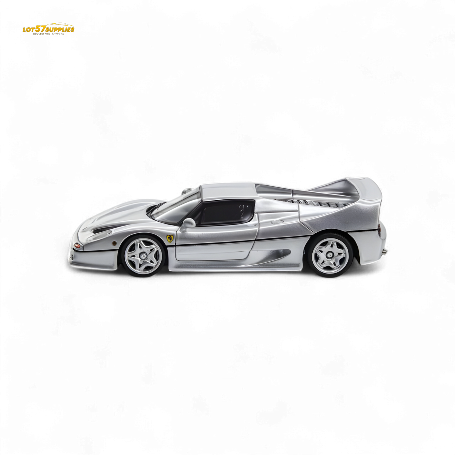 Silver Ferrari F50 diecast model by Nice Auto, 1:64 scale, showcasing detailed Ferrari replica in a compact collectible size