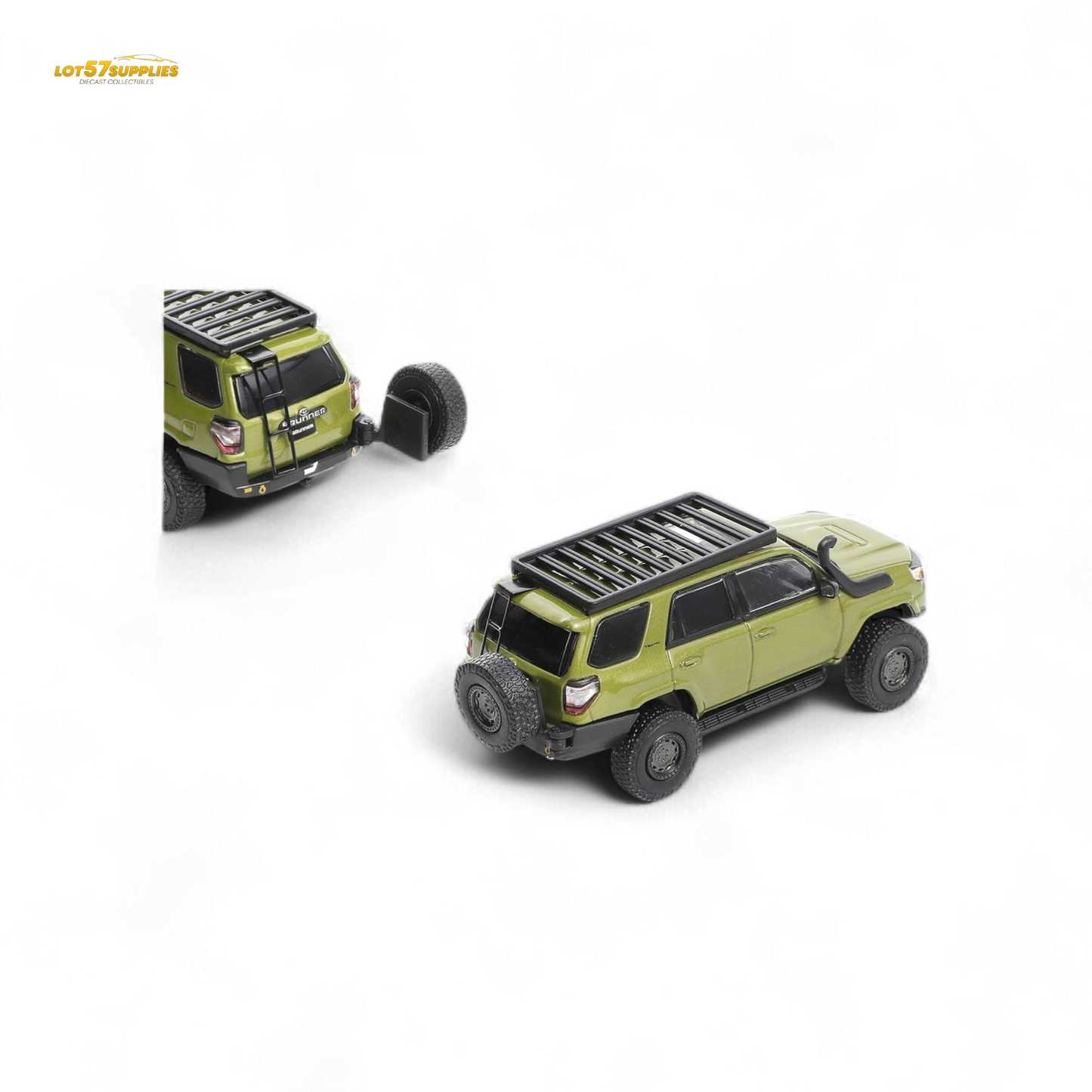 Olive green 1:64 scale GCD Toyota 4 Runner diecast model, detailed modified version with realistic features and branding.