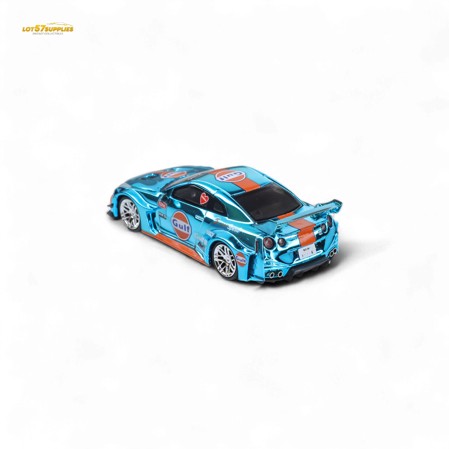Chrome Gulf Nissan GT-R R35 diecast car by Lot57Supplies, detailed 1:64 scale model of the Demon King Auto LBWK Nissan.
